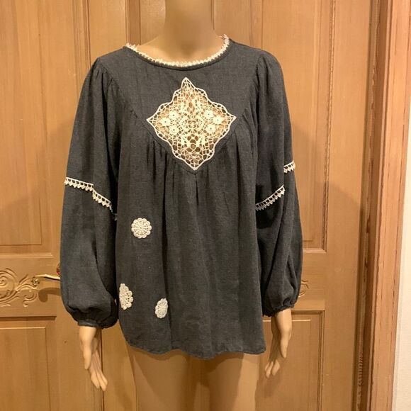 Zara Basic Boho dark gray lace embroidered detail blouse top Sz S - Picture 1 of 6